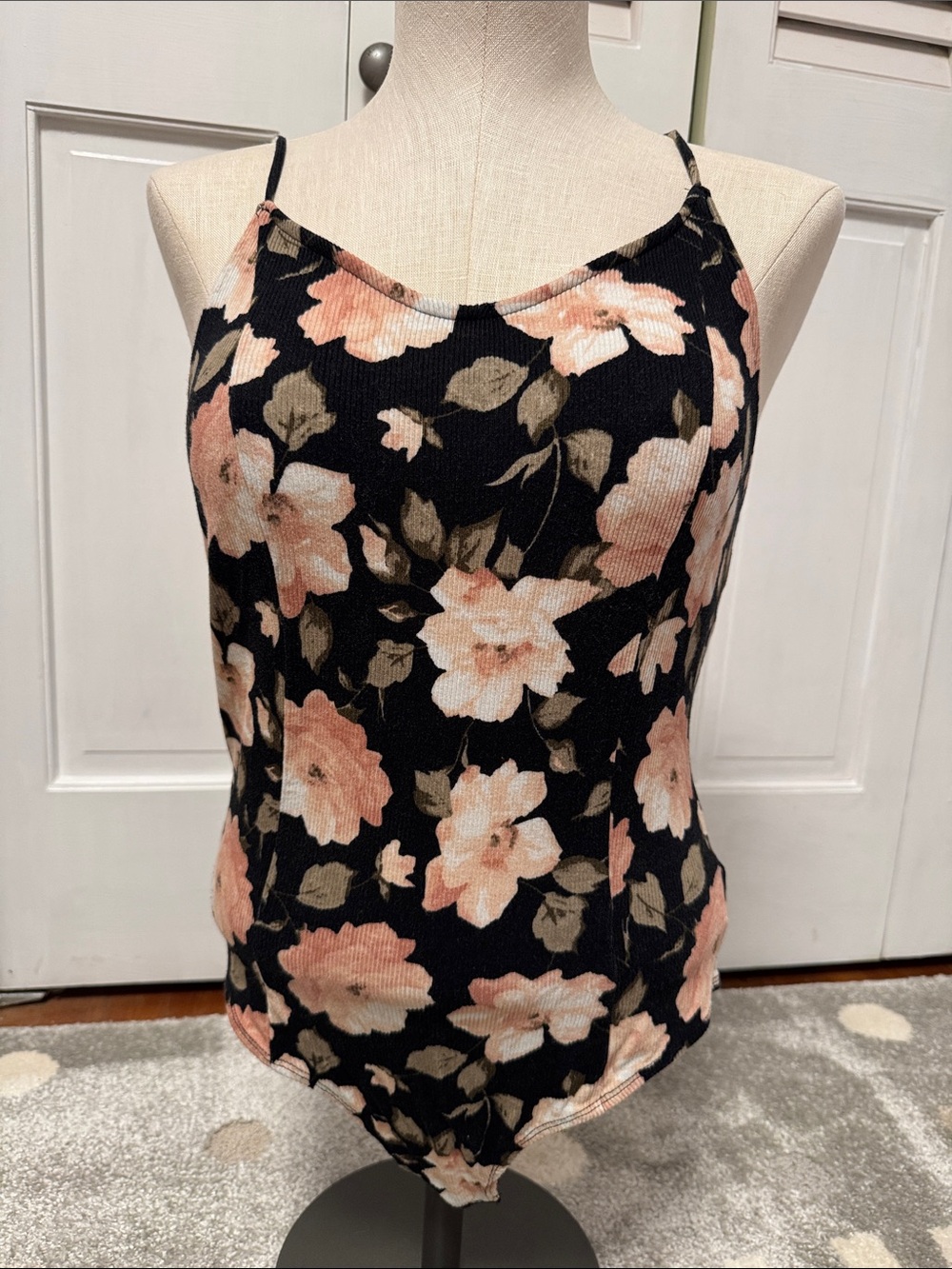 American Eagle Outfitters Black Floral Ribbed Cami bodysuit with Peach Flowers